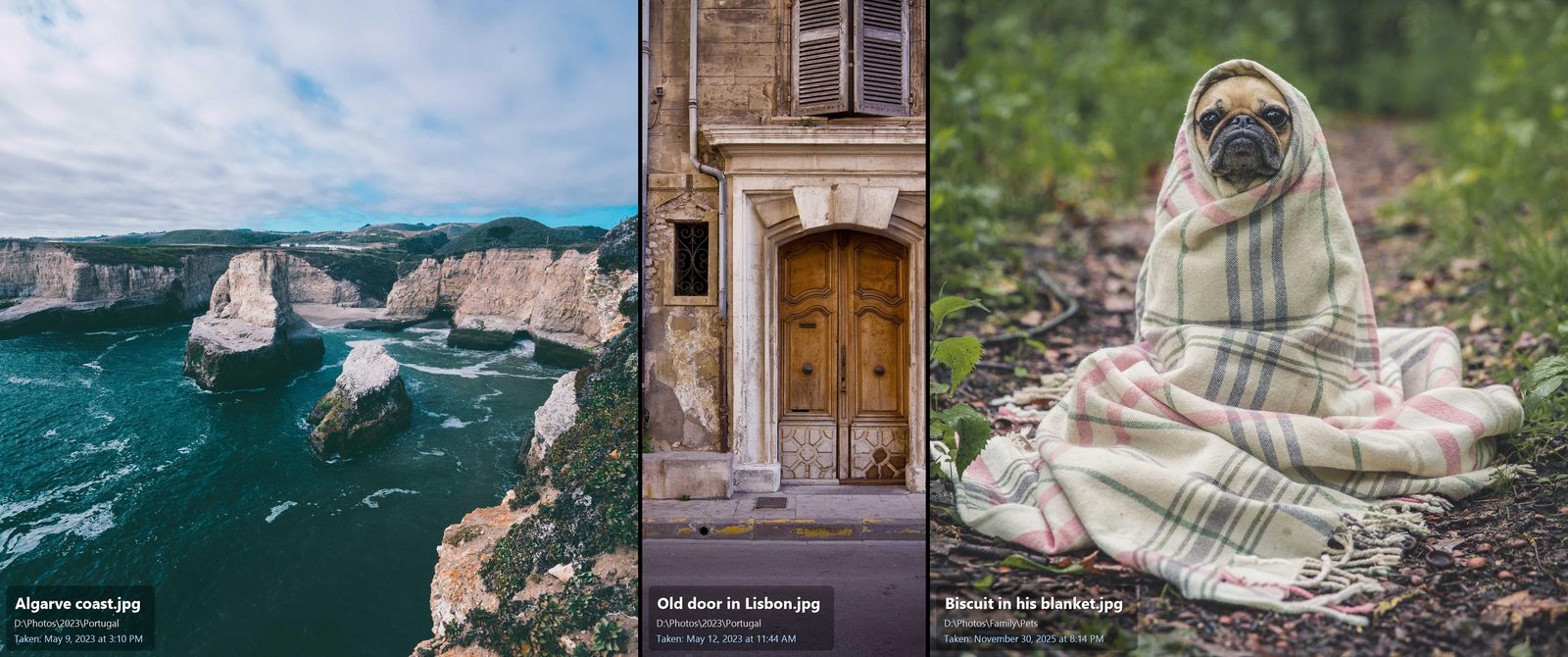 Three photos side by side on a 3440 by 1440 ultrawide screen