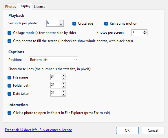 The Display tab: seconds per photo, collage, photos per screen, crop to fill, Ken Burns, crossfade, captions and click to open