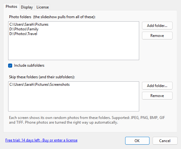 The Photos tab of the settings: a list of photo folders, an include subfolders option and a list of folders to skip